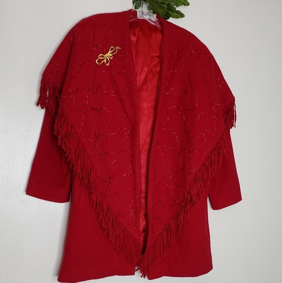 LIKE NEW Vintage Red Wool Fringe Embroidered Pea Coat Western Bohemian Winter - Picture 10 of 16